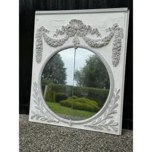 Fireplace Mirror, Louis XVI Trumeau In Carved Wood Rechampi White And Gray, 18th Century