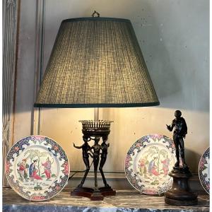 Table Lamp In Bronze And Marble, Three Fauns Supporting A Brasier