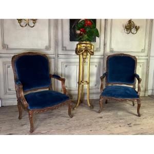 Pair Of Louis XV Armchairs In Carved Fruitwood, Early 18th Century