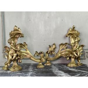 Pair Of Chiseled And Gilded Bronze Firedogs After A Model By Jacques Caffieri, Paris, 19th Century 