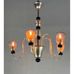 Venetian Murano Glass Chandelier In Gold And Dark Blue, 5 Light Arms, Circa 1960