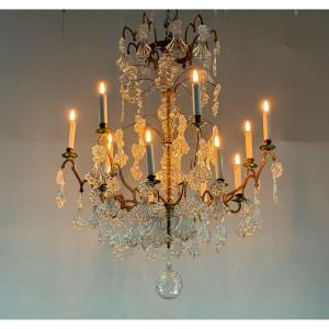 Gilt Bronze Cage Chandelier Decorated With Peacock Feather Shaped Glass Pendants Circa 1800