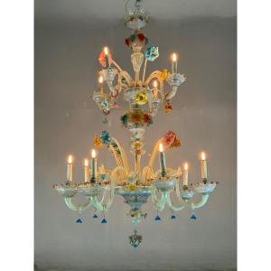 Venetian Chandelier In Multi-colored Murano Glass, 11 Arms Of Light On Two Levels Circa 1880