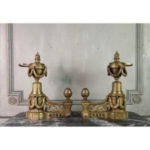 Pair Of Louis XVI Style Gilt Bronze Andirons, 19th Century
