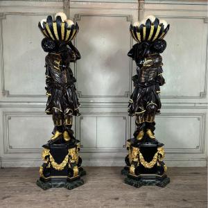 Pair Of Moorish Basin Holders, Lacquered And Gilded Venetian Sculptures, Circa 1880 