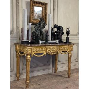 Louis XVI Console In Gilded Wood, Grey Ardennes Marble, 18th Century