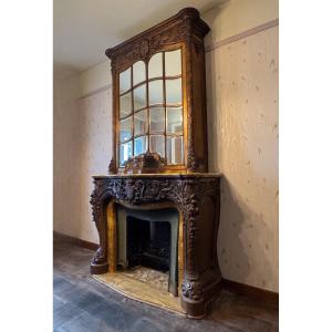 Impressive Fireplace And Its Trumeau In Carved Wood Underlined With Yellow Siena Marble 
