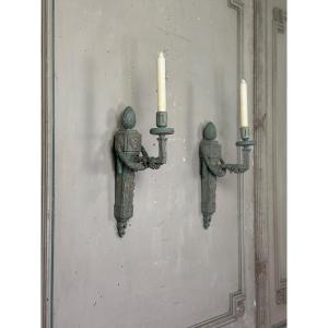 Pair Of Louis XVI Style Wall Lights In Carved And Painted Wood, Circa 1900