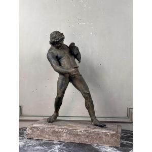 Faun With A Wineskin, Large Bronze Patina Excavation, Object From The Grand Tour, 19th Century