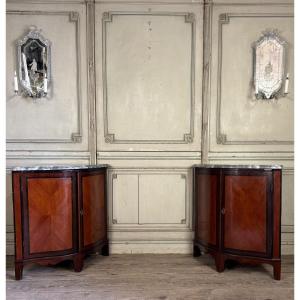 Pair Of Corner Furniture, Mahogany And Rosewood Veneer, Blue Turquin Marble, 18th Century