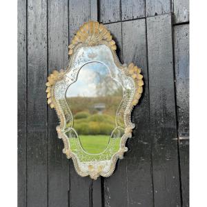 Venetian Murano Glass Mirror, Gilded With Fine Gold, Engraved Mirror, Circa 1950