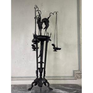 Heron Tripod Oil Lamp Holder, Grand Tour Object, Bronze, Italy 19th Century