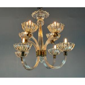 Venetian Chandelier In Colorless Murano Glass And Brass Circa 1950