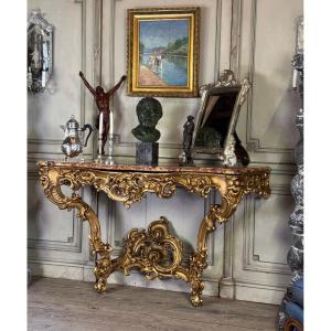 Important Louis XV Console In Carved And Gilded Wood, Breccia d'Aleppo Marble, France 18th Century 