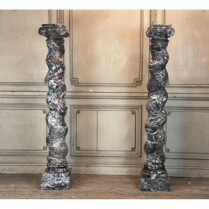 Pair Of Twisted Columns In Grey Ardennes Marble, Circa 1880