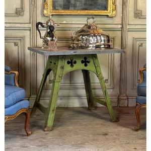 Industrial Metal Table In The Eiffel Style, Original Worn Green Paint, Circa 1900
