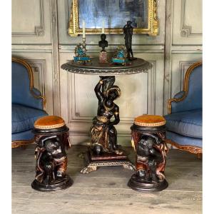 Venetian Nubian-style Pedestal Table, Polychrome Sculpture Circa 1880