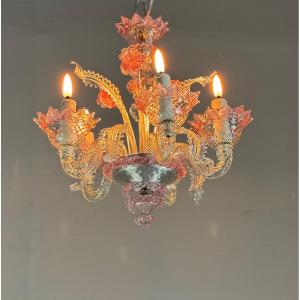 Small Venetian Chandelier In Colorless And Red Murano Glass, Circa 1950