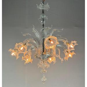 Venetian Chandelier In Colorless Murano Glass, 7 Light Arms Circa 1930