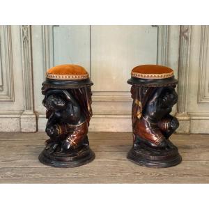 Pair Of Nubian Stools, Polychrome Sculptures, Venice Circa 1880