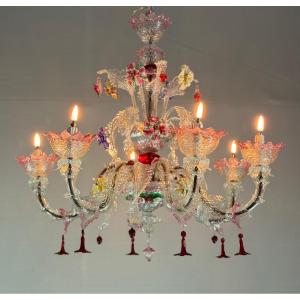 Venetian Chandelier In Multicolored Murano Glass, 6 Light Arms Circa 1920