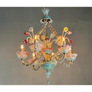 Venetian Rezzonico Chandelier In Multi-colored Murano Glass, Circa 1900