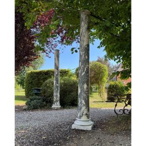 Pair Of Large Columns In Green And White Cipollino Marble, 294cm High, Italy Circa 1880