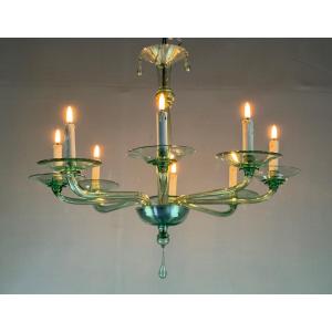 Green Murano Glass Venetian Chandelier, Venini, Circa 1920