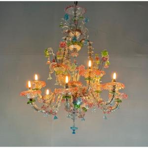 Rezzonico Venetian Chandelier In Multi-colored Murano Glass, 9 Light Arms, Circa 1940