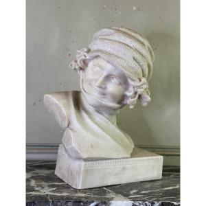 Alabaster Bust Of A Young Girl With A Turtleneck, Signed Caloni, Italy Circa 1900 