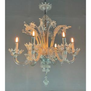 Venetian Chandelier In Colorless Murano Glass With 6 Light Arms Circa 1940