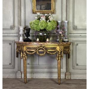 Louis XVI Console In Carved And Gilded Wood, Brocatelle Marble From The Jura, 18th Century 