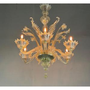 Venetian Chandelier In Gilded Murano Glass, 6 Light Arms Circa 1940