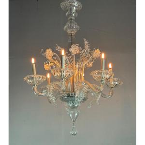 Venetian Chandelier In Colorless Murano Glass, 6 Light Arms, Circa 1940
