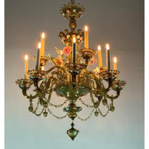 Venetian Chandelier In Multi-colored Murano Glass With A Green Dominant Color, 12 Light Arms, Circa 1880