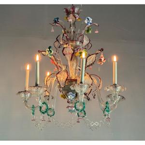 Multi-colored Murano Glass Venetian Chandelier With 7 Light Arms, Circa 1920