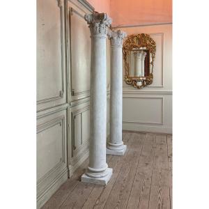 Pair Of Carrara Marble Columns, 214 Cm High, Circa 1880