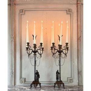 Pair Of Gilt Bronze And Medal Patina Candelabras With Six Light Arms Circa 1880
