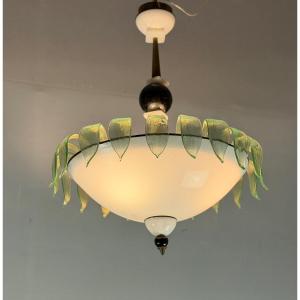 Venetian Chandelier In White, Black And Green Murano Glass Dusted With Gold, Circa 1980 