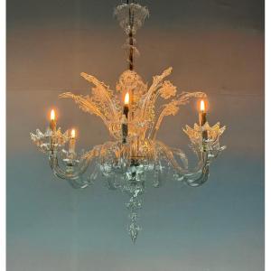Venetian Chandelier In Colourless Murano Glass With 6 Light Arms, Circa 1930 