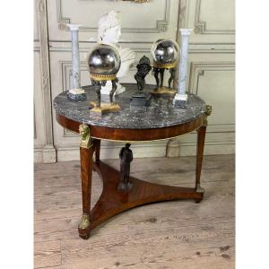 Empire Pedestal Table In Mahogany And Bronze, Saint-anne Grey Marble With Groove, Circa 1800