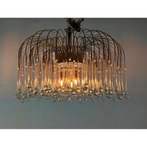 Pair Of Large Chandeliers Adorned With Glass Drops, Chromed Metal Frames, Italy Circa 1960