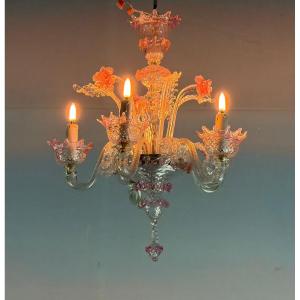 Small Venetian Chandelier In Colorless And Red Murano Glass, Circa 1950