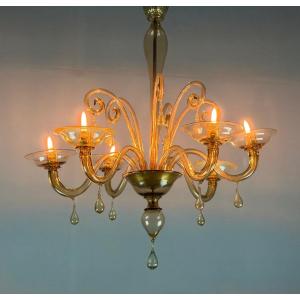 Venetian Chandelier In Gilded Murano Glass, Circa 1940