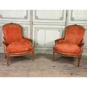 Pair Of Transition Carved Wooden Armchairs, 18th Century