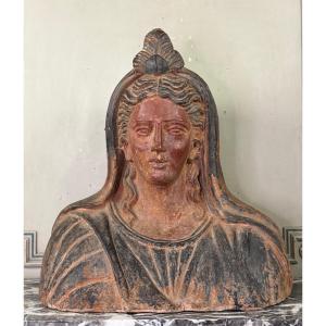 Terracotta Bust In The Etruscan Style, Grand Tour Object, 19th Century