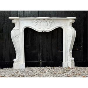 Louis XV Style Fireplace In Carrara Marble, Circa 1980