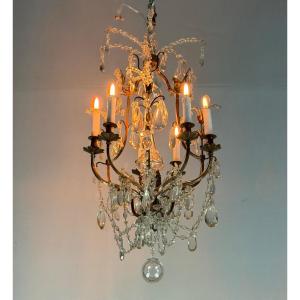 Bronze Cage Chandelier Adorned With Crystal Drops, Circa 1880