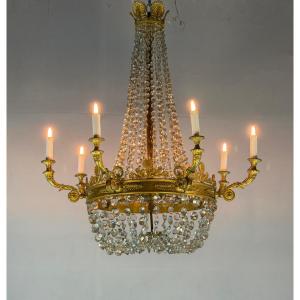 Empire Style Gilt Bronze Beaded Bag Chandelier, Circa 1880