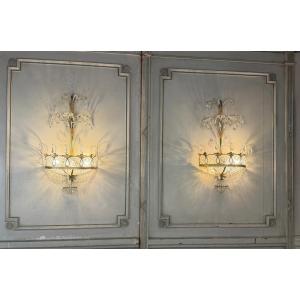 Pair Of Painted And Gilded Metal Wall Sconces Adorned With Crystals, Italy Circa 1920 